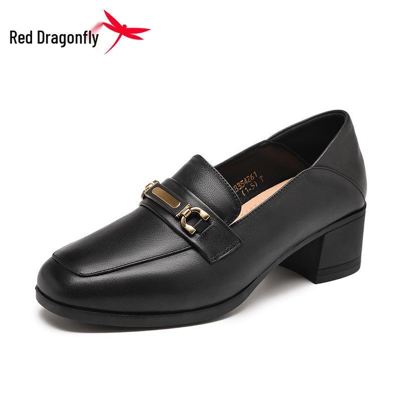 Red Dragonfly Women's Autumn 2025 Genuine Leather Flats - Thick Low Mid Heels, Square Toe Loafers