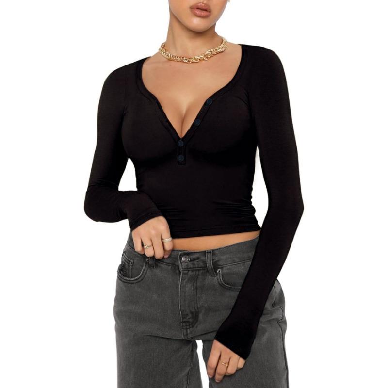 YYFS Women's Fashion Casual Spring Autumn Solid Color Print Long Sleeve V-Neck Blouses & Shirts