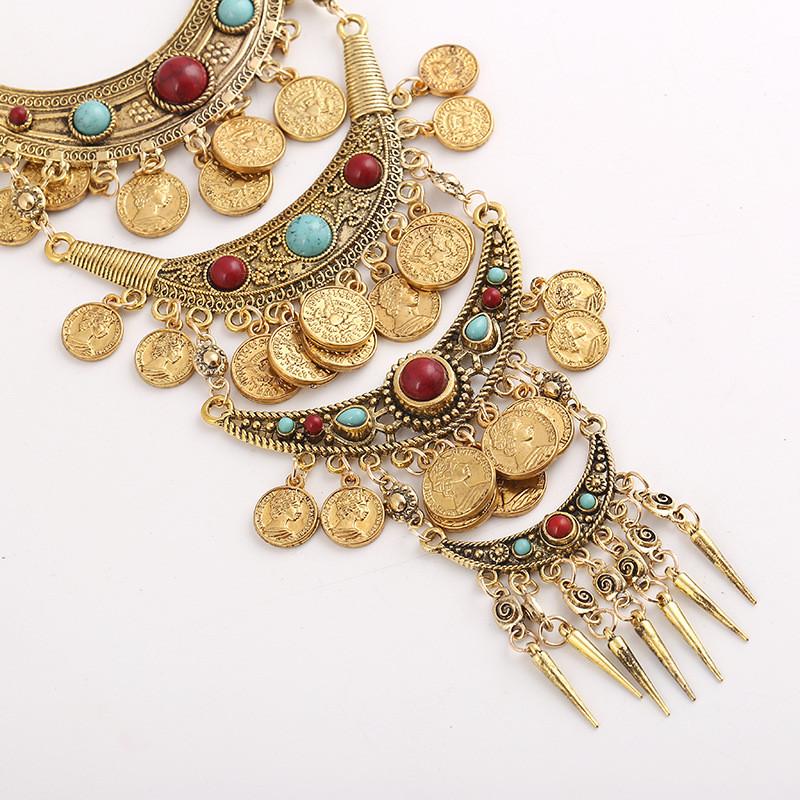 Vintage Coin Tassel Pendant Necklace With Multilayer Chain For Boho Style Women