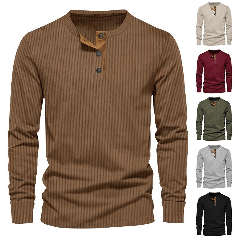 Men Solid Color Slim Fit Casual Corduroy Long Sleeve T Shirt