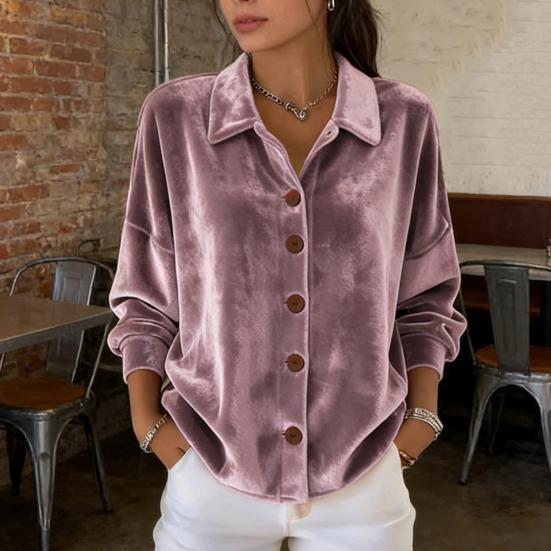 Women Shirt Lapel Long Sleeve Velvet Texture Solid Color Shirt Tops Loose Fit Buttons Placket Commuter Tops Work Wear