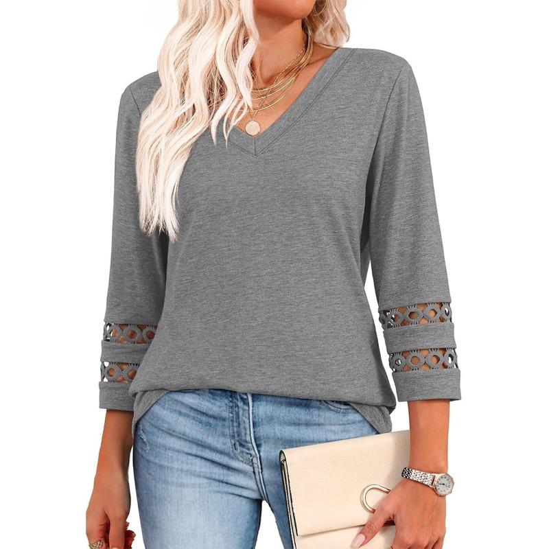 BITCED Women's Fashion Casual Solid Color Print Long Sleeve V-Neck Blouses & Shirts