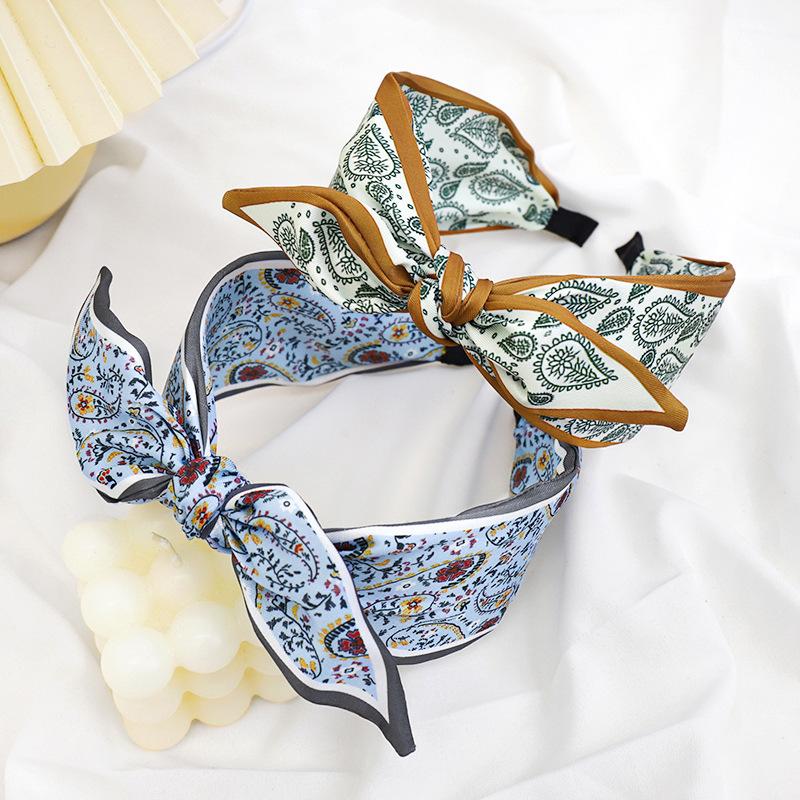 New Paisley Headband for Women Wide-Brimmed Floral Print Hairband with Bow Tie and Rabbit EarsTurban Headwrap Girls Accessories