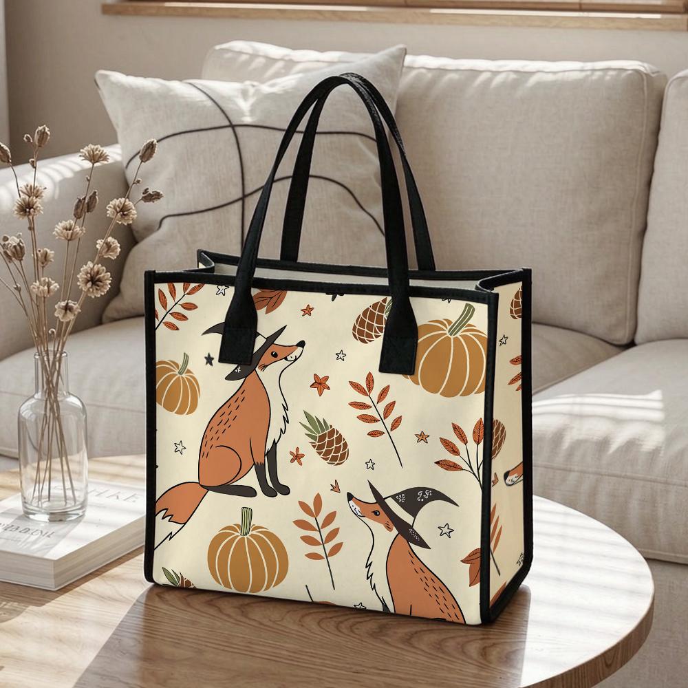 Cute Fox Print Tote Bag Autumn Pumpkin Pattern Casual Large Capacity Shopping Shoulder Handbag