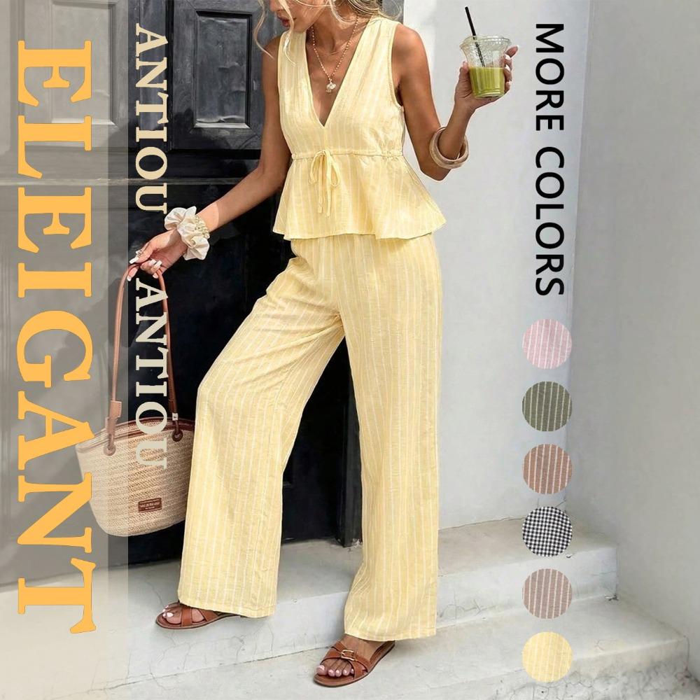 Ensemble 2 pièces élégant : Haut rayé sans manches à encolure en V et Pantalon large taille haute, Tenue décontractée d'été pour les vacances