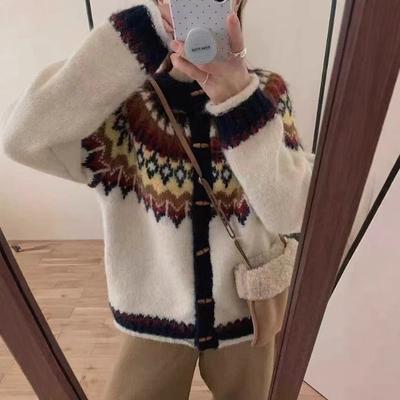 Fair Island Sweater Jacket Women's Clothing Autumn and Winter New Loose Round Neck Retro Jacquard Horn Button Knitted Cardigan
