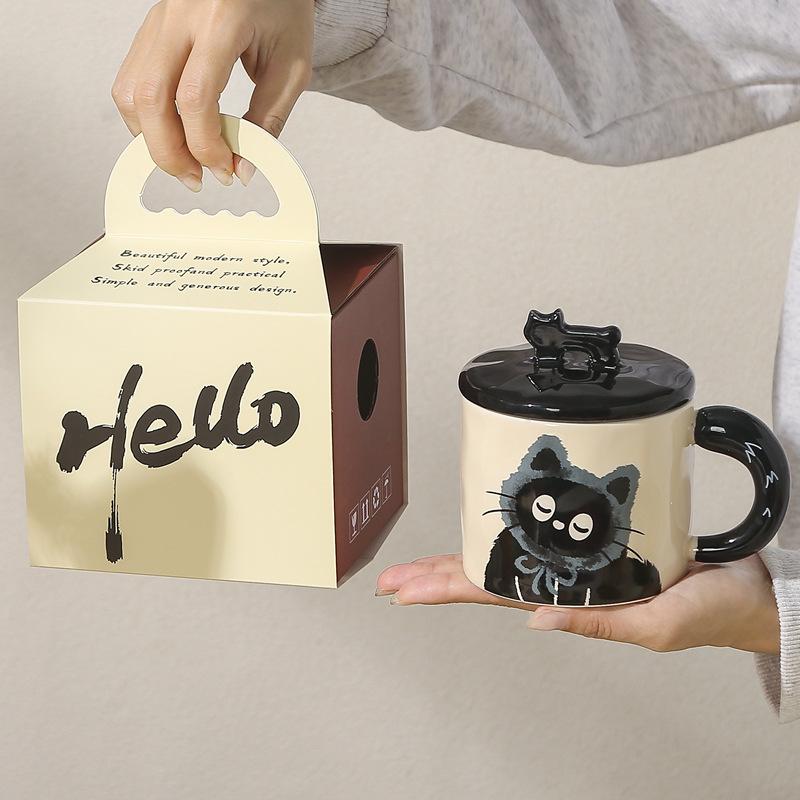 Cute Hat Cat Mug with Lid Cute Cartoon Animal Ceramic Cup Office Home Coffee Water Cup