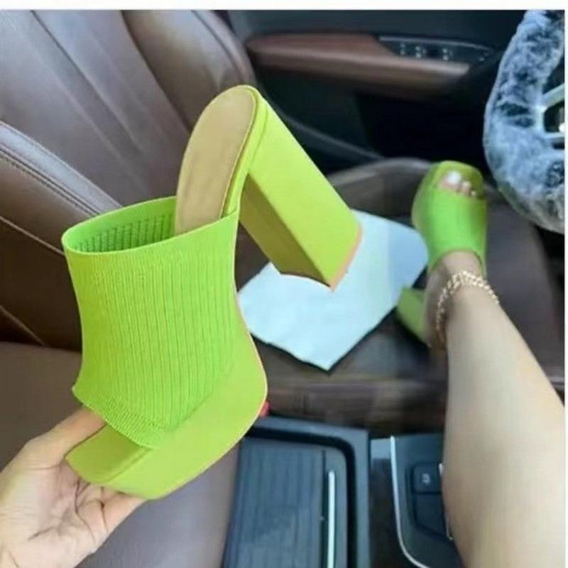 Platform Thick High Heels Women's Slippers Square Heel Solid Color Knitted Beach Shoes Casual Fish Mouth Chunky Outdoor Sandal