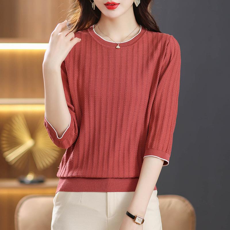 Women's Knitted T-shirt  Seven Quarter Sleeved Versatile Top for Middle-aged Mothers Summer Knitted Base Shirt