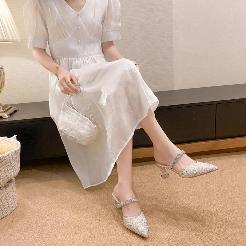 

Модная женская обувь 2024 Высокое качество Слингбэки Женские туфли на высоком каблуке Модные туфли-лодочки с пайетками Женские Новые Острый носок Однотонные каблуки Женские 40 золотой