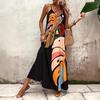 Women's V Neck Sleeveless Abstract Print Maxi Dress Loose Casual Summer Beach Long Sundress