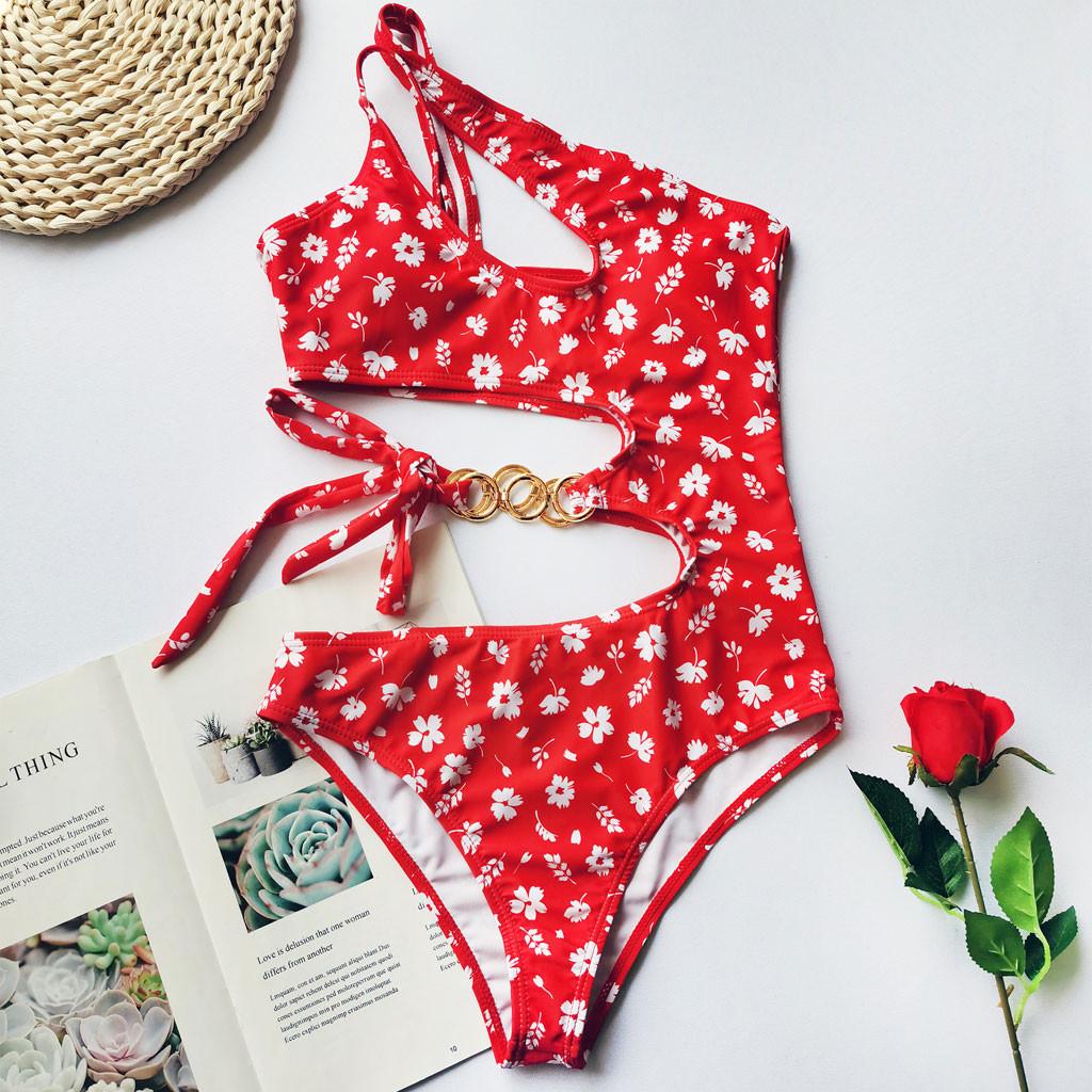 Women Hollow out Print Fashion Sexy Strappy One-Piece Bikini Swimwear Beachwear