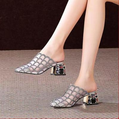 Baotou Crystal Square Heel Sandals Summer New Pointed Head Deep Mouth Mesh Cloth Breathable Non-slip Heel Shoes