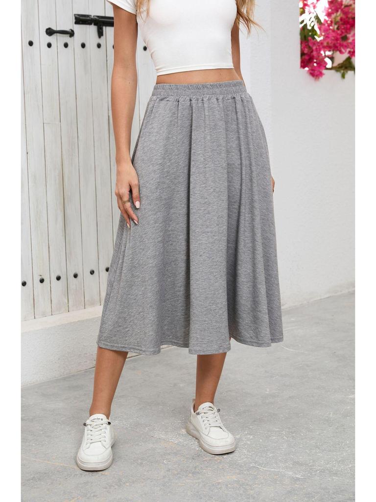 European High-Waisted Casual Midi Skirt - A-Line, Loose Fit, Draped Hem