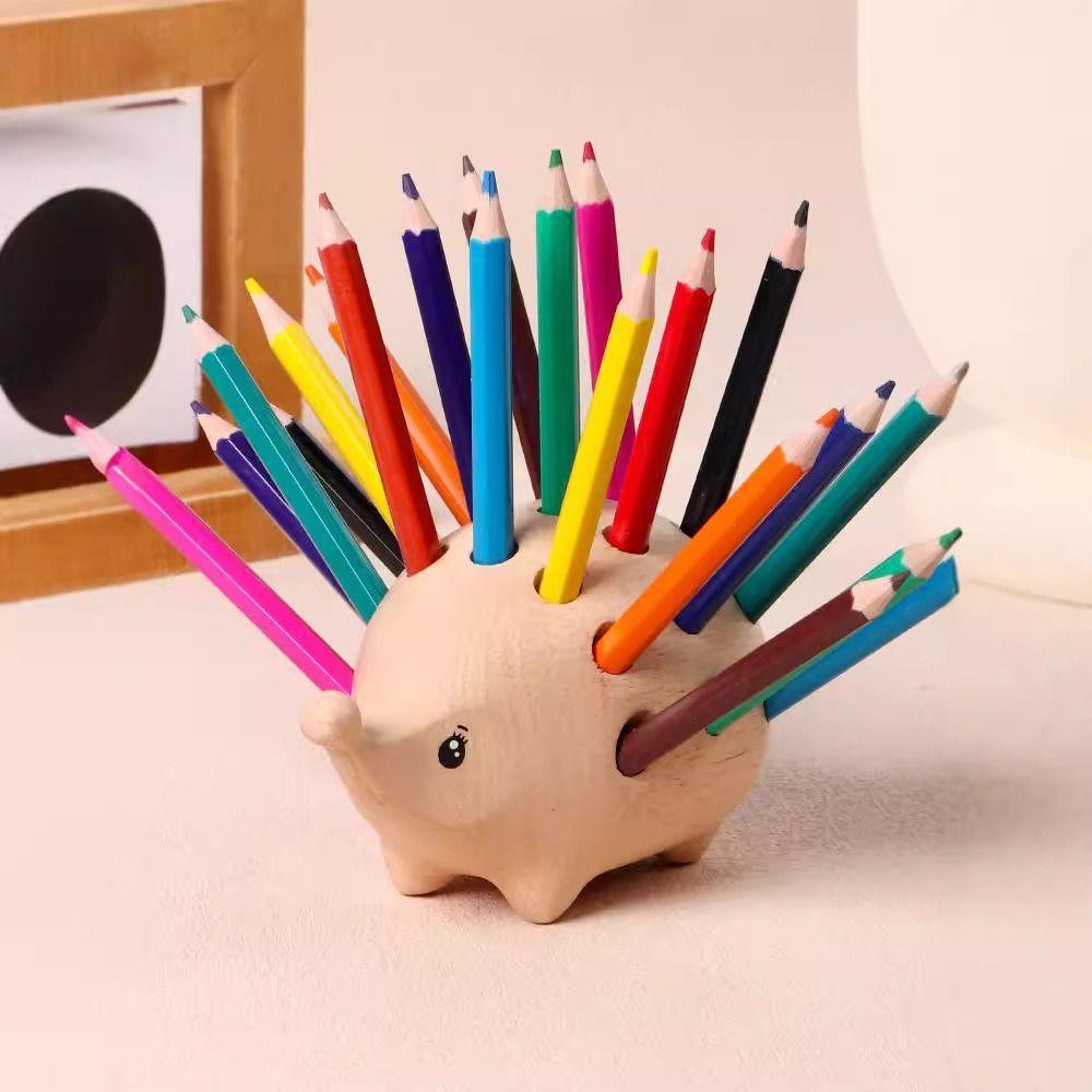 21 Holes Pencil Stand Set Wooden Art Pen Container Multi-function Hedgehog Pen Holder  Desk Storage