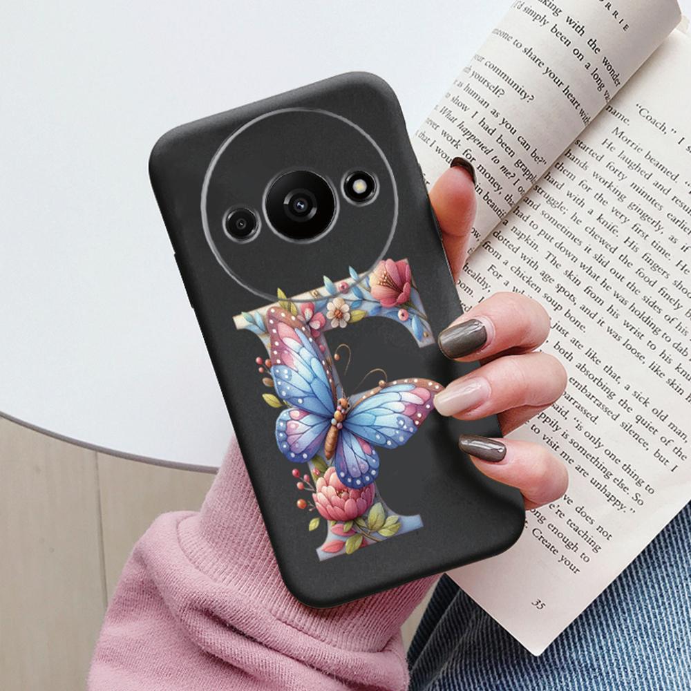Handyhülle für Xiaomi Redmi A3 4G A3x Rosa Buchstabe Blume Schmetterling Stoßfest Weiches Silikon Cover Kameraschutz TPU Fundas