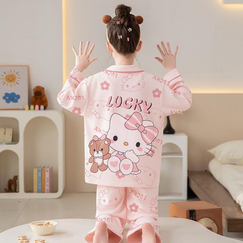 100% Cotton Girls Pajama Set Long Sleeve Cartoon Print Sleepwear Open Front Robe Style Fall