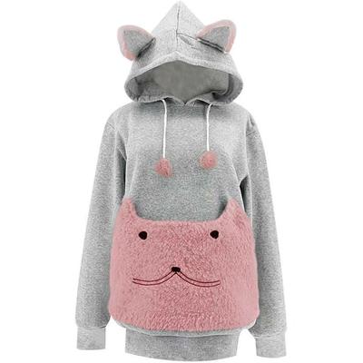 Women's Fashion Embroidery Wear Pet Big Pocket Cat Ear Hooded Sweatshirt
