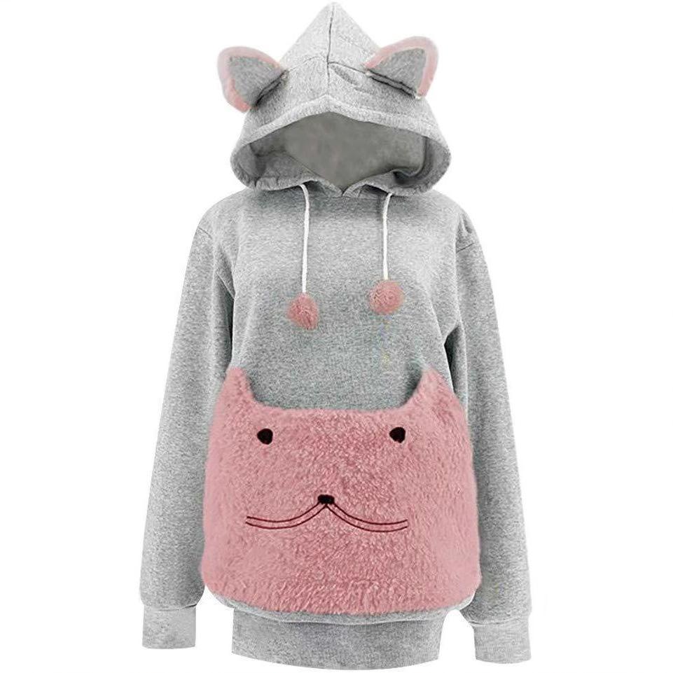 

Женская модная вышитая одежда Pet Big Pocket Cat Ear Hooded Sweatshirt L темно-серого