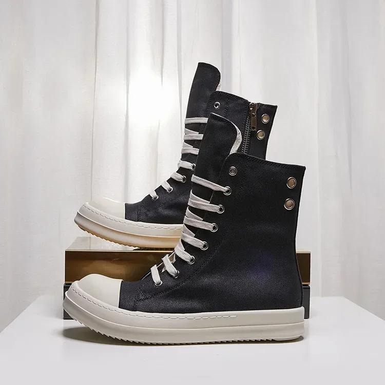 Ss Nowe Buty Męskie Casualowe Trampki High Top Jakość Czarne Botki Modne Zamek Metal Ow Platforma Płótno Płaskie Buty Uliczne