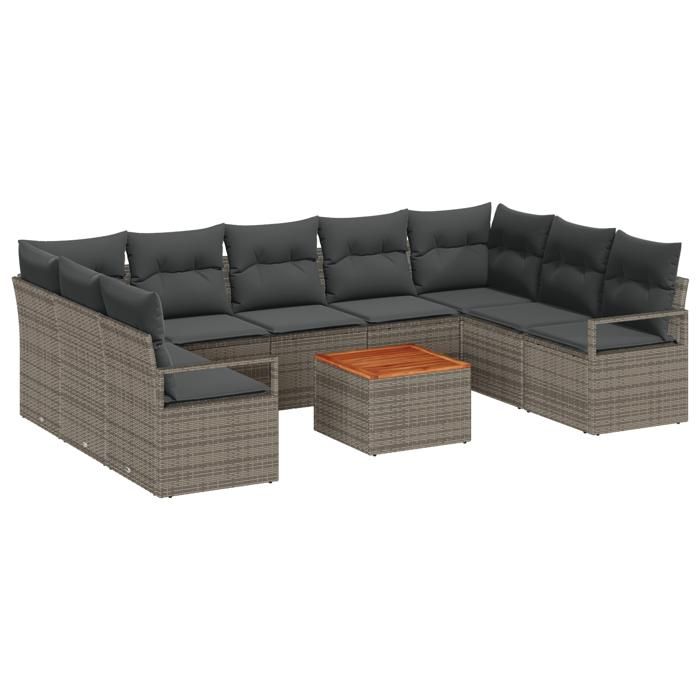 Ensemble de Canapés de Jardin 10 Pièces avec Coussins Gris Poly Rotin Acacia, Canapé de Jardin 2 Places avec Coussins Gris 3347748