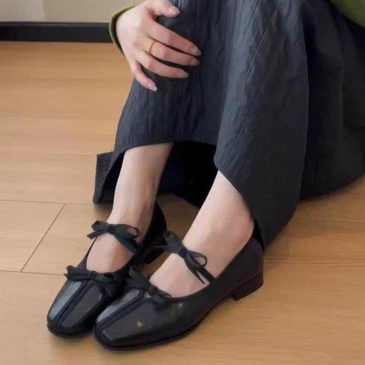

Soft leather version of French square head bow Mary Jane women s 2025 spring new versatile casual flat bottom light mouth single shoes 35 чёрный