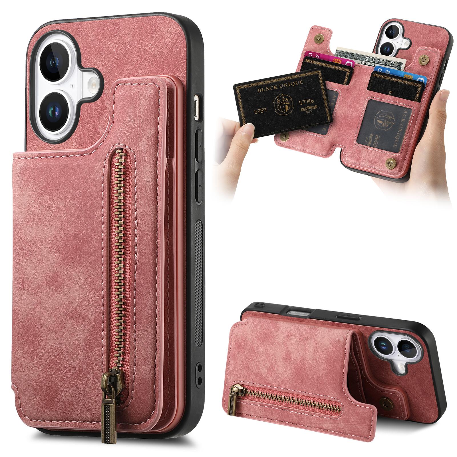 

For iPhone 16 Pro Case with Card Holder Retro Leather+TPU Zipper Phone Cover Pink