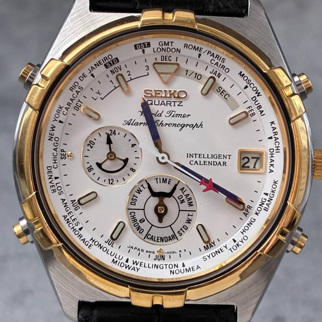 SEIKO Worldtimer Chronograph GMT Date Quartz 38mm White Dial Gold Watch 6M15-0020 Men's