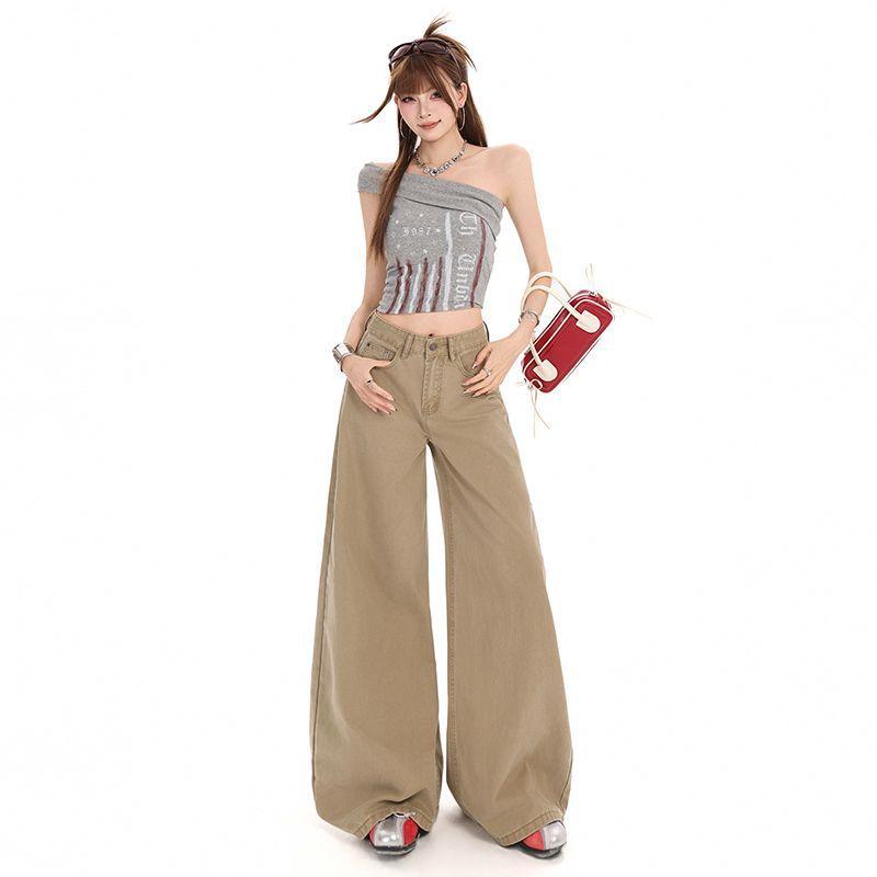 Spring Summer Khaki High Waist Relaxed Straight Wide Leg Floor Sweeping Slim Casual Denim Pants Ladies Casual Pants Oversize Denim Trousers