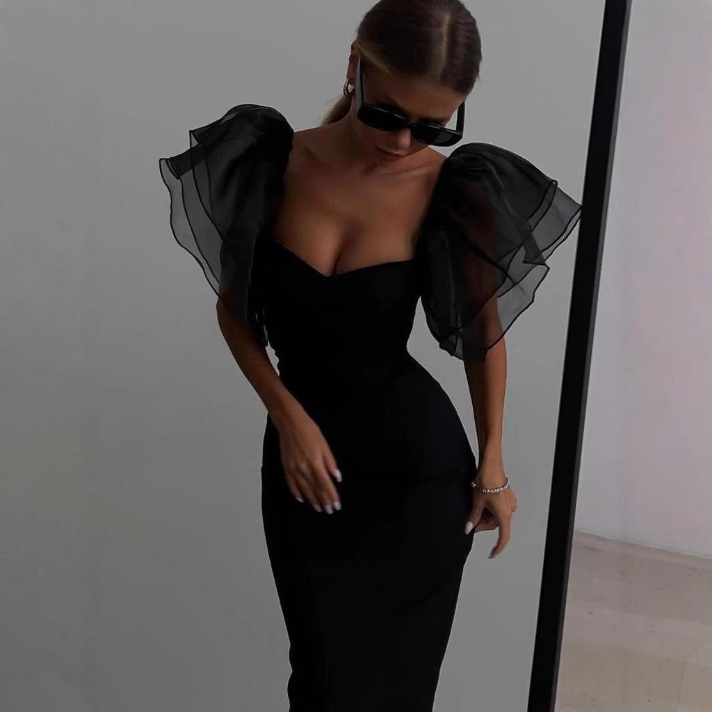 European & American Mesh Ruffle Sleeve Bodycon Midi Dress for Women