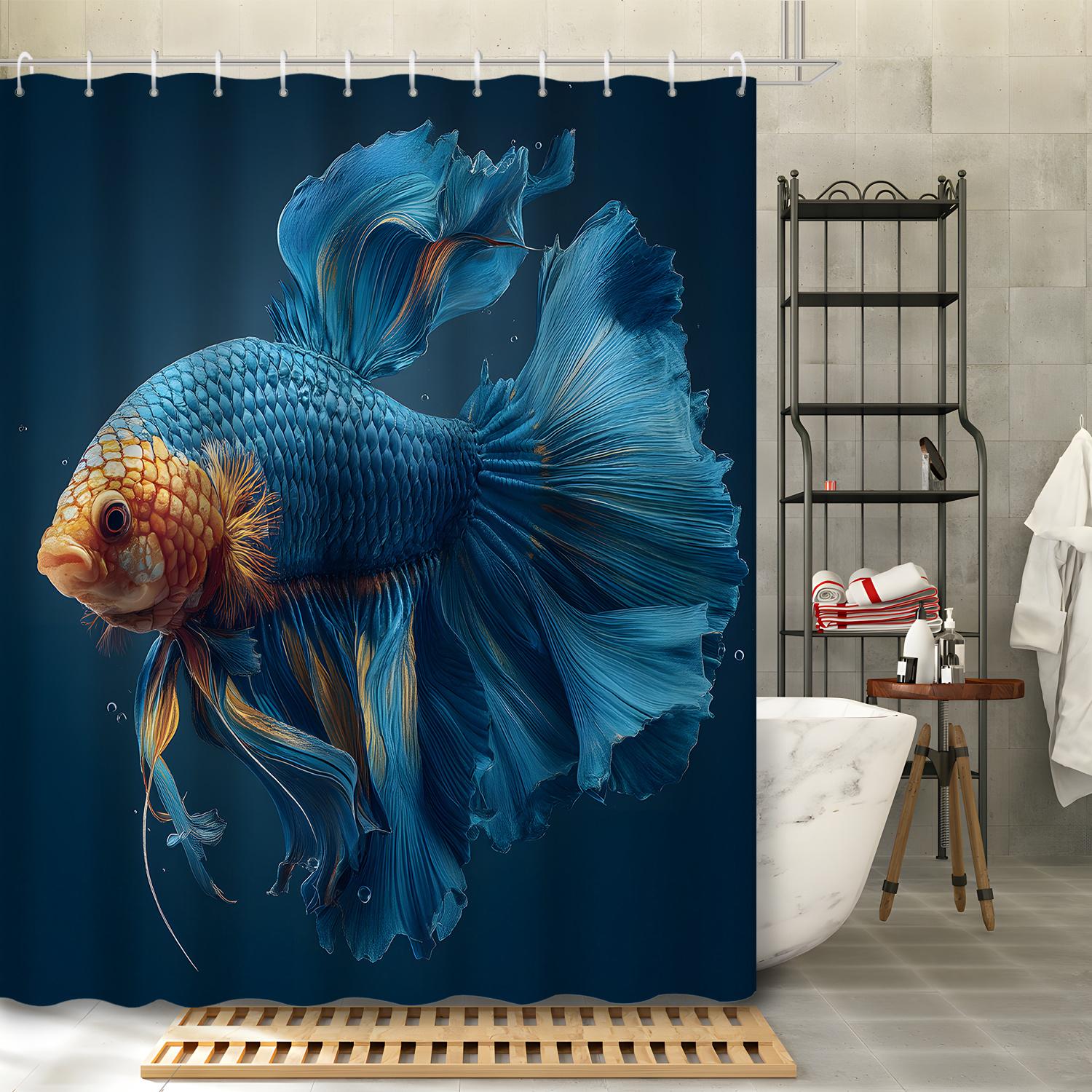 

1Pc Ocean Blue Fish Print Shower Curtain, Polyester Fabric With 12 Hooks, Bathroom Accessory Shower Curtain W60H190(CM)-1 Pcs