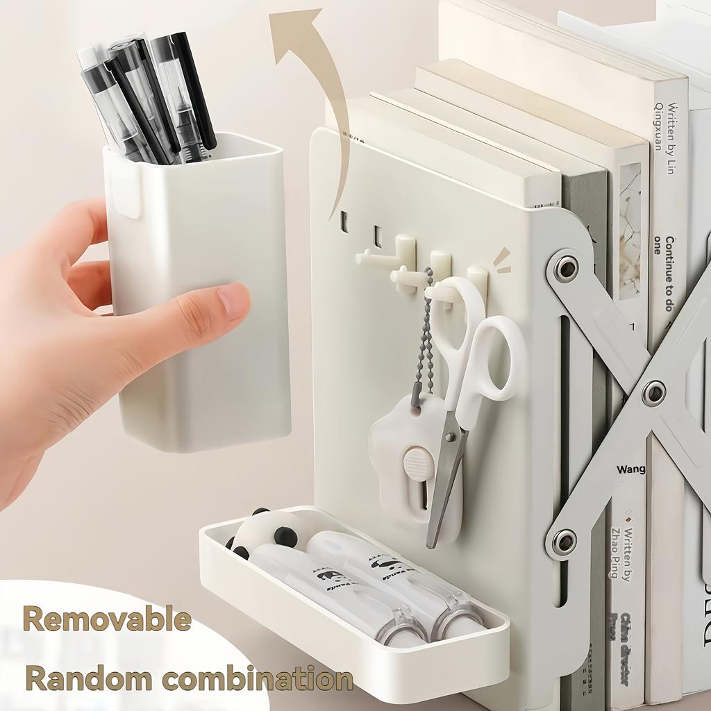 Bookstand Desktop with Retractable Bookshelf Book Storage and Storage Rack with Pen Holder Fixed Book Clip Student Foldable Vook