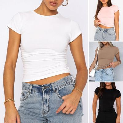 Damen T-Shirt Rundhals Kurzarm Pullover Tops Slim Fit Einfarbig T-Shirt
