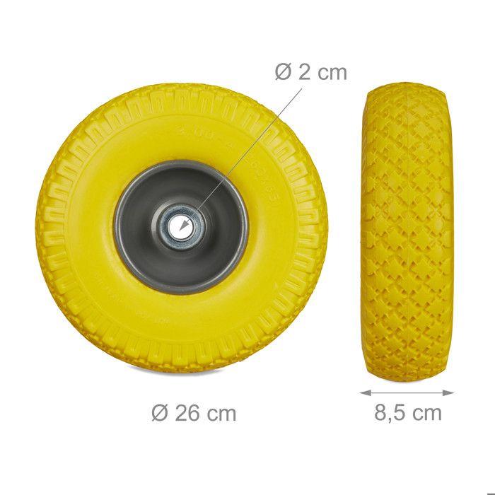 Relaxdays Roue de diable, 2x roue de brouette caoutchouc, pour axe de 20 mm, 3.00-4", 260 x 85 mm, jaune-gris