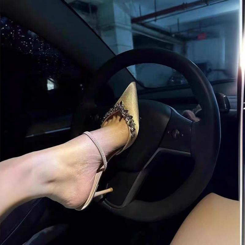 Fashion 2025 Summer Modern Women's Closed Toe Slippers Sexy Crystal Pointed Toe Thin Heels Elegant Fashion Dress & Party Sandal Zapatos