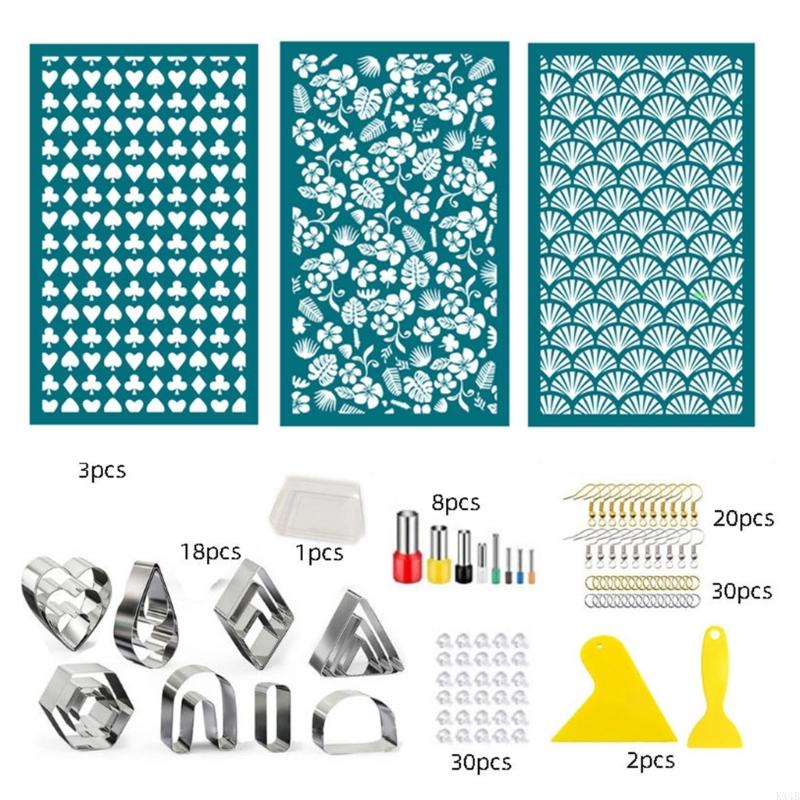 

KX4B 112 Pcs Stainless Steel Clay Earring Cutters with Scrapers Silk Screen Stencils