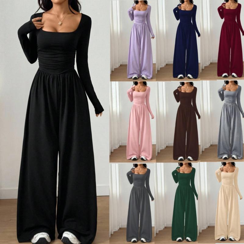 Women Fashion Casual Long Sleeve Square Neck Solid Wide Leg Jumpsuit