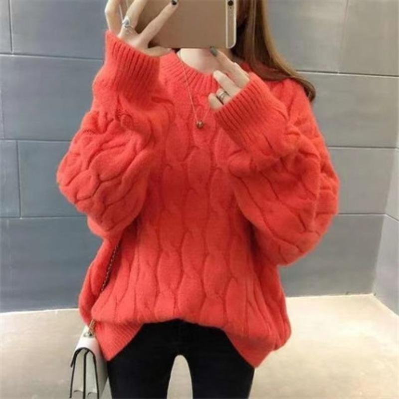 Winter Women's Sweater Women's Loose Pullover Thickened Round Neck Fried Dough Twists Knit