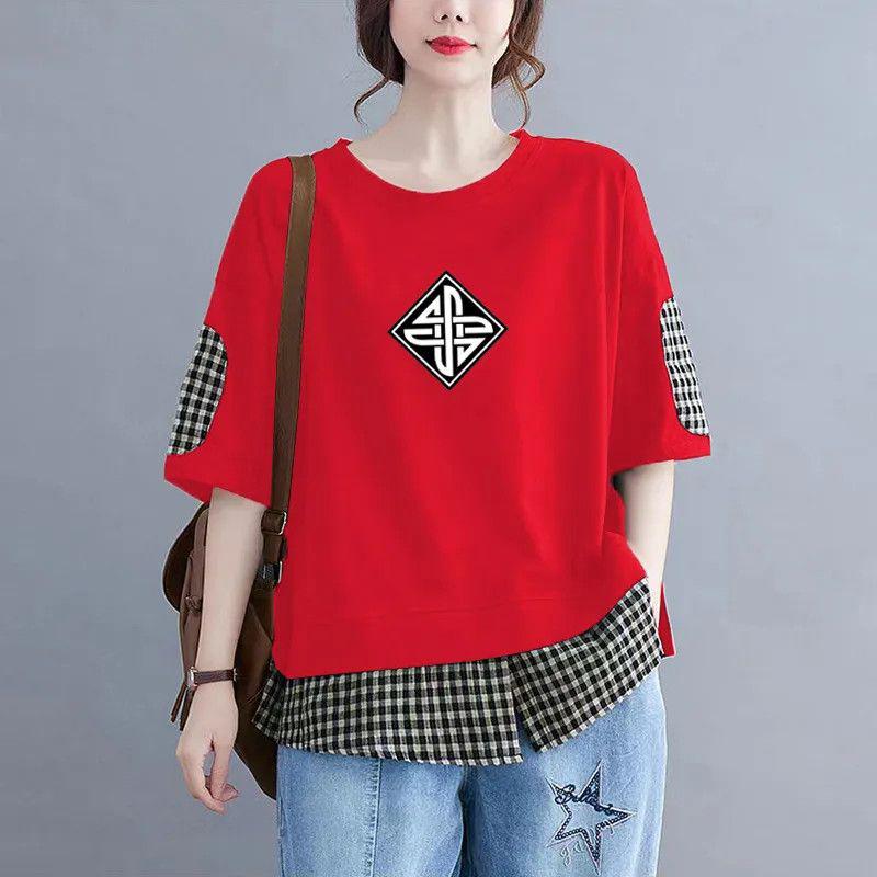 Tops Women Cotton Summer Large Size Fake Two Pieces T-shirt Polo Neck Loose Printed Casual Pullover T-shirt Top