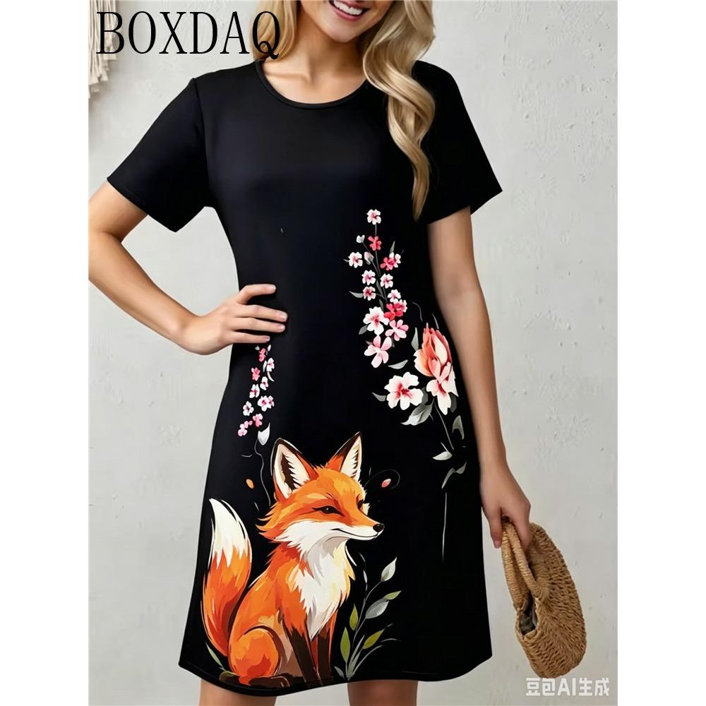 2026 Lässiges und bequemes Rundhals-Kurzarm-Kleid für Damen mit süßem Tierprint, lockerer Schnitt
