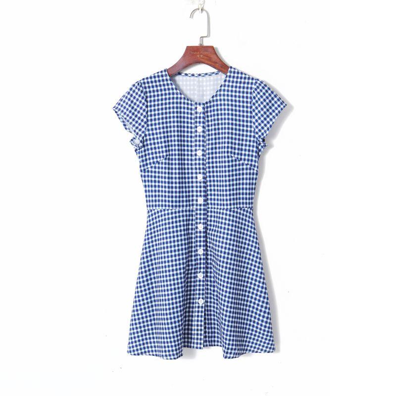 

Женское модное приталенное молодежное платье с круглым вырезом и короткими рукавами Blue and White grid S