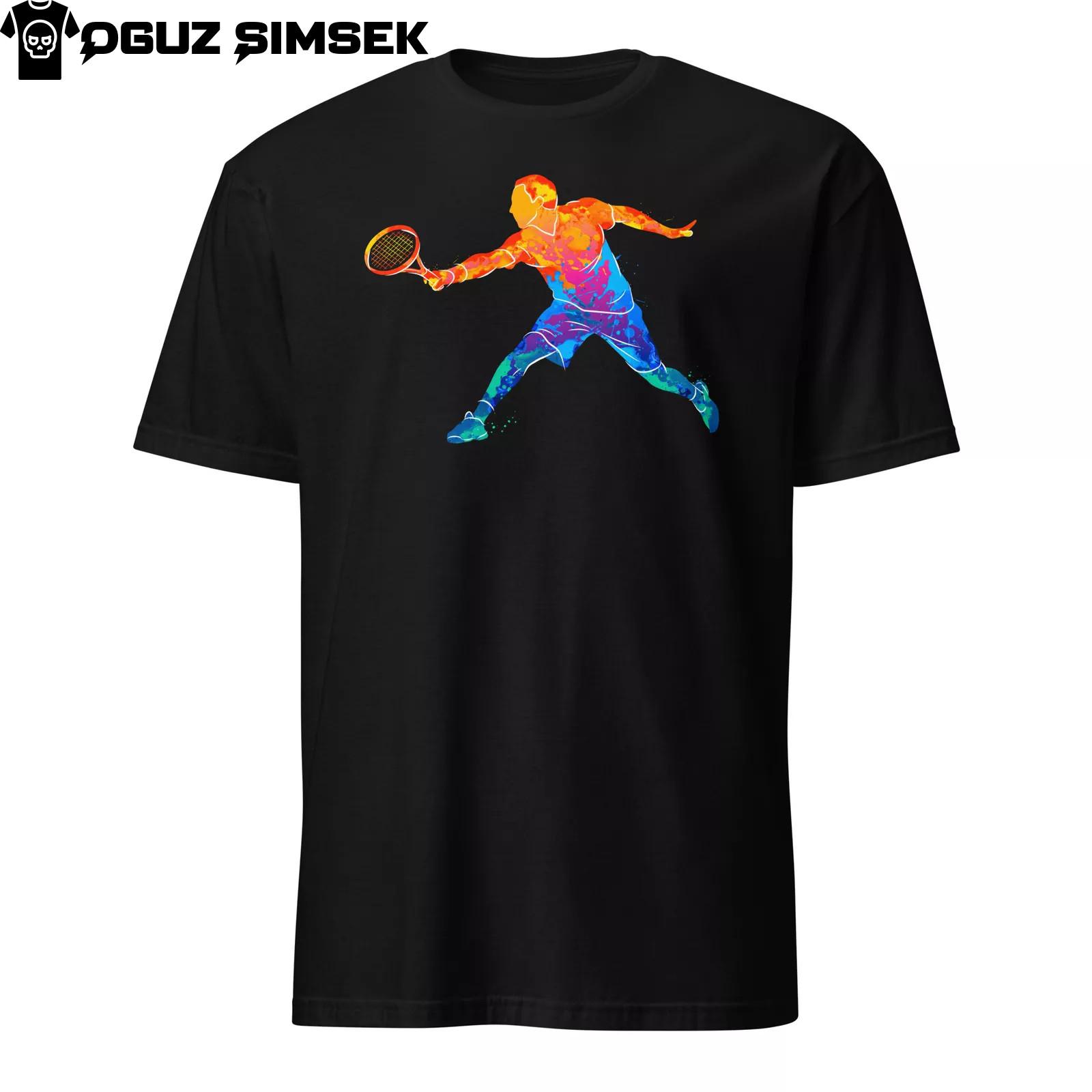 Abstract Colorful Silhouette Tennis Player Unisex T-Shirt Mens Womens Tees Top | Racket Design Tee S