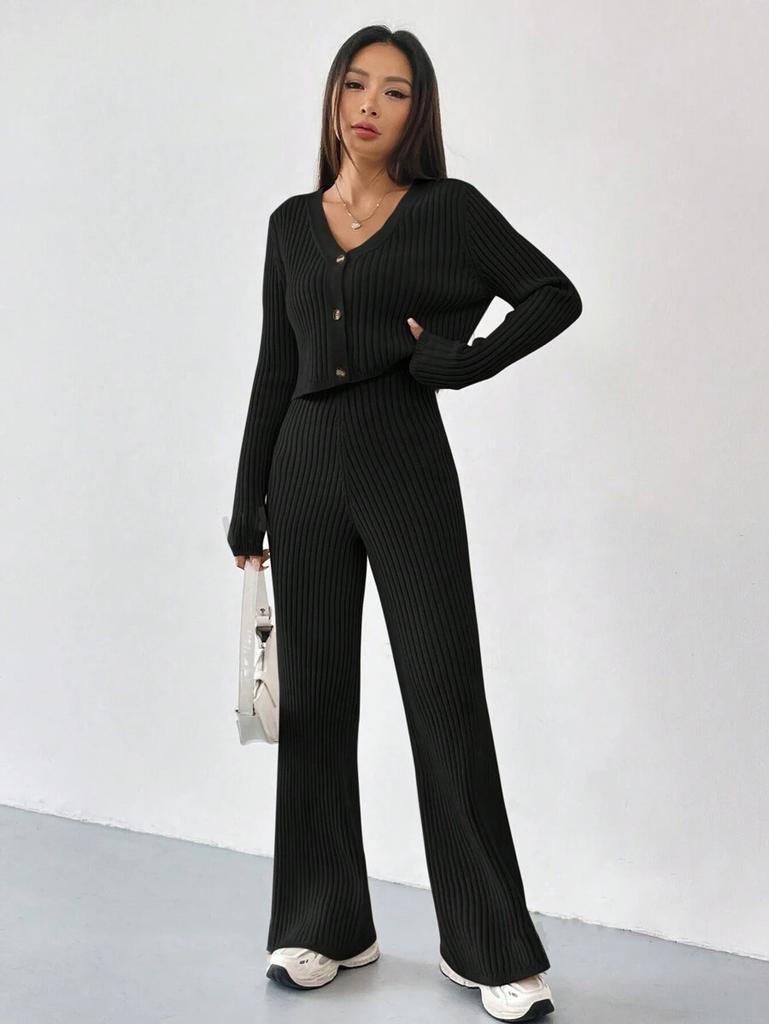 Solid Color Two-Piece V-Neck Short Knitted Cardigan Flared Pants