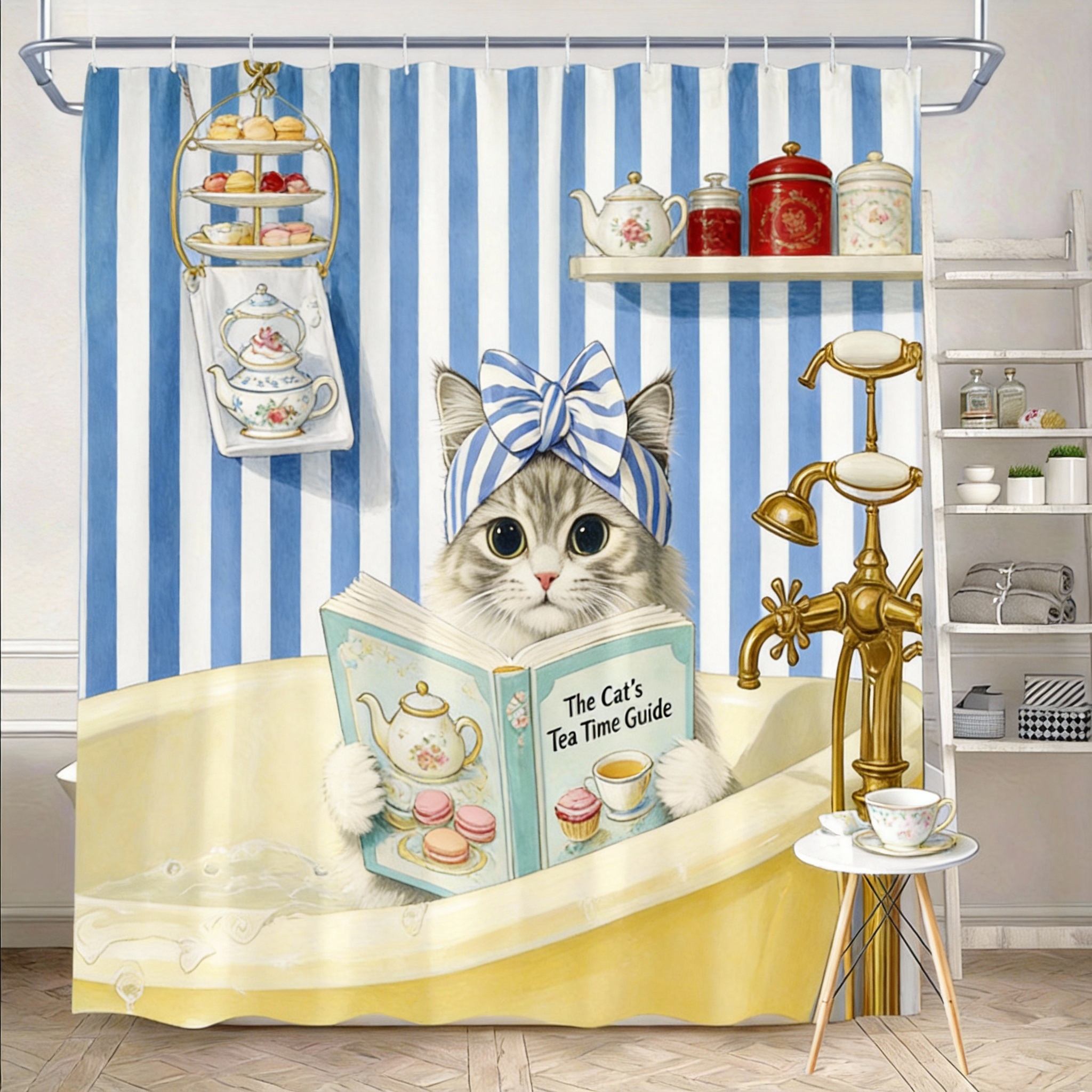 

Cat Shower Curtain 180x180cm – Grey Tabby Kitten in Turquoise Bathtub with Pink Bow, Whimsical Bathroom Decor, 12 Hooks 90X180cm(35x70in)