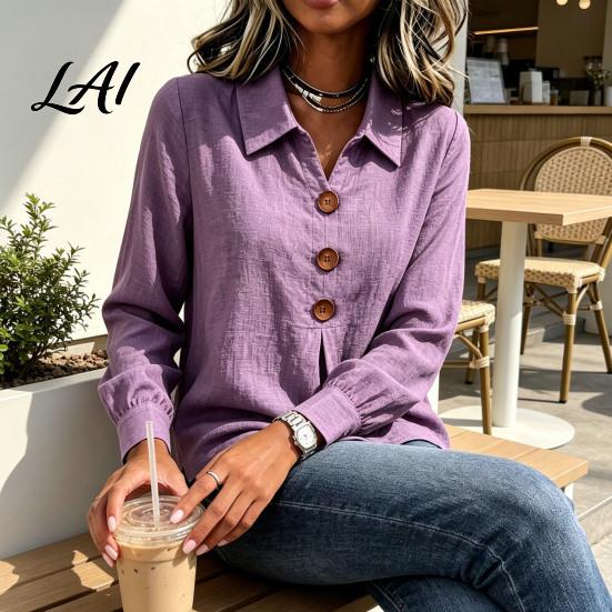 Comfortable Spring Autumn Blouses Women Button Down Shirt Blouse Long Sleeve V Neck Loose Flowy Wrinkle Resistant Moisture Wicking Shirts Breathable