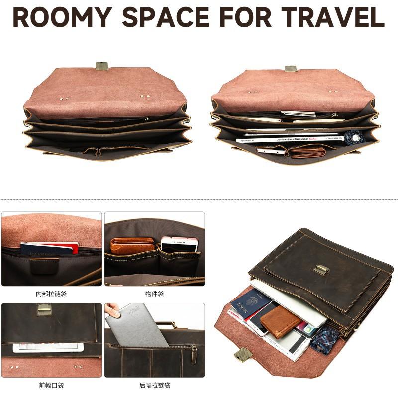 Genuine Leather Retro Men's Business Briefcase Crazy Horse Large Capacity Lock Anti-theft Computer Bag Handbag Men