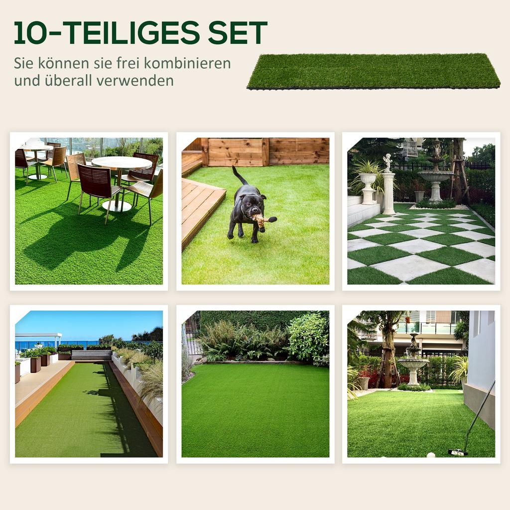 10 Stück 30 x 30cm Kunstrasen, 25mm Florhöhe Rasenteppich Kunstrasenmatte UV-beständig für Außenbereich