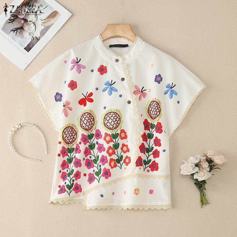 ZANZEA Damska bluzka z krótkim rękawem i okrągłym dekoltem w kwiaty