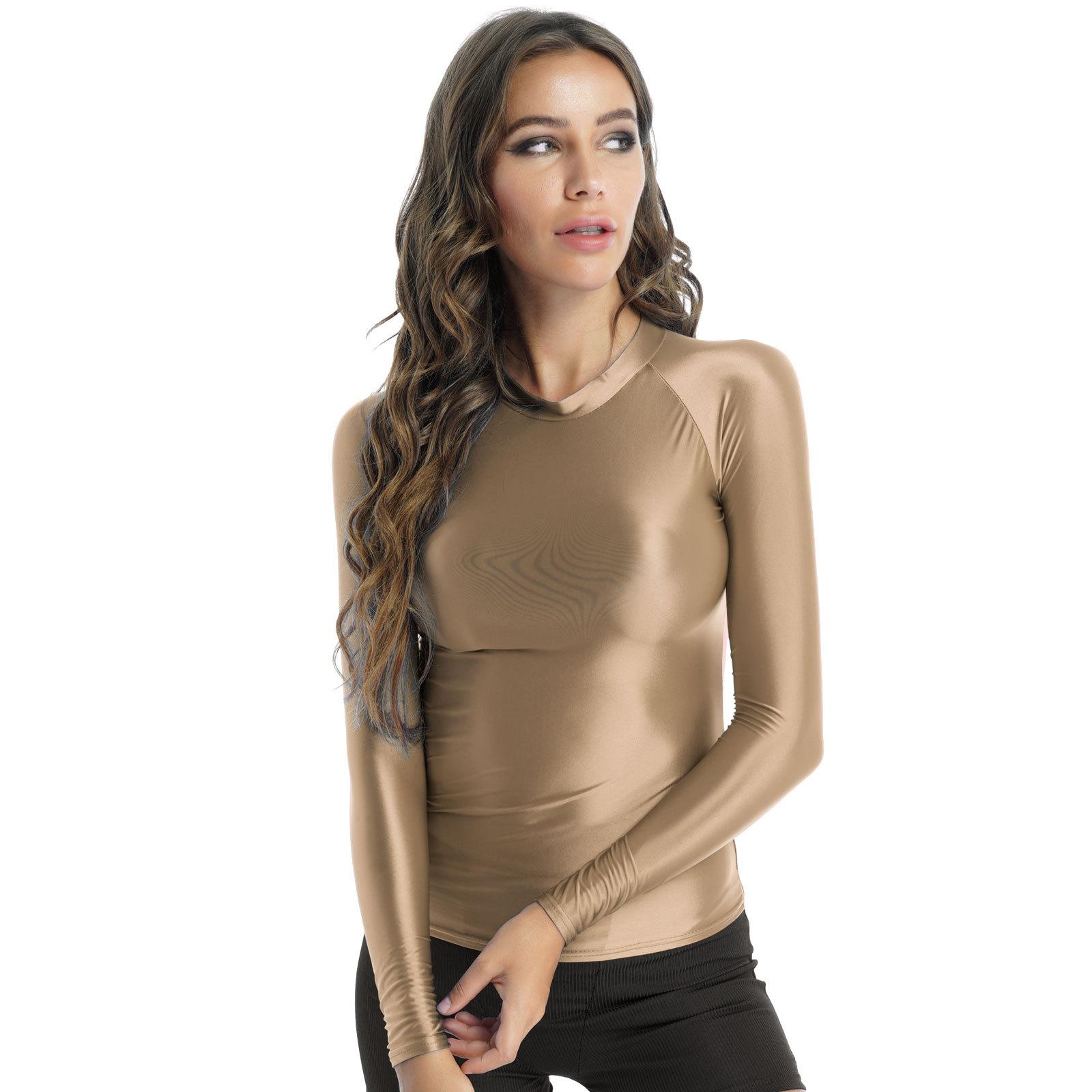 

Womens O Neck Long Sleeve T-Shirt Slim Fit Solid Color Breathable Yoga Sportswear Top L кавовий