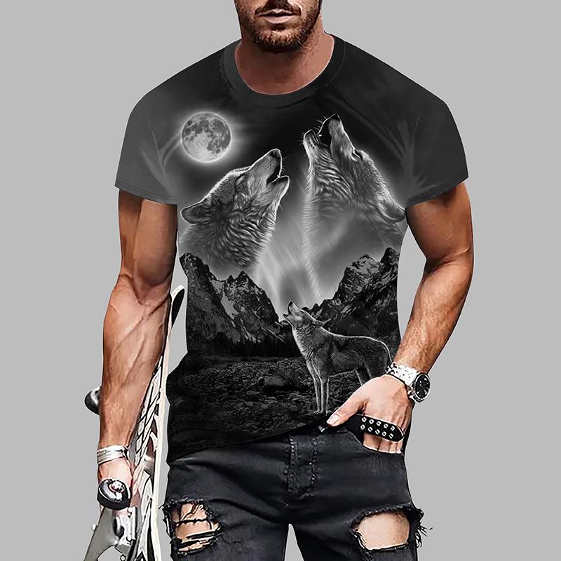 New Summer Men's Fashion T-shirt Personality Wolf Printed Men's T-shirt Top